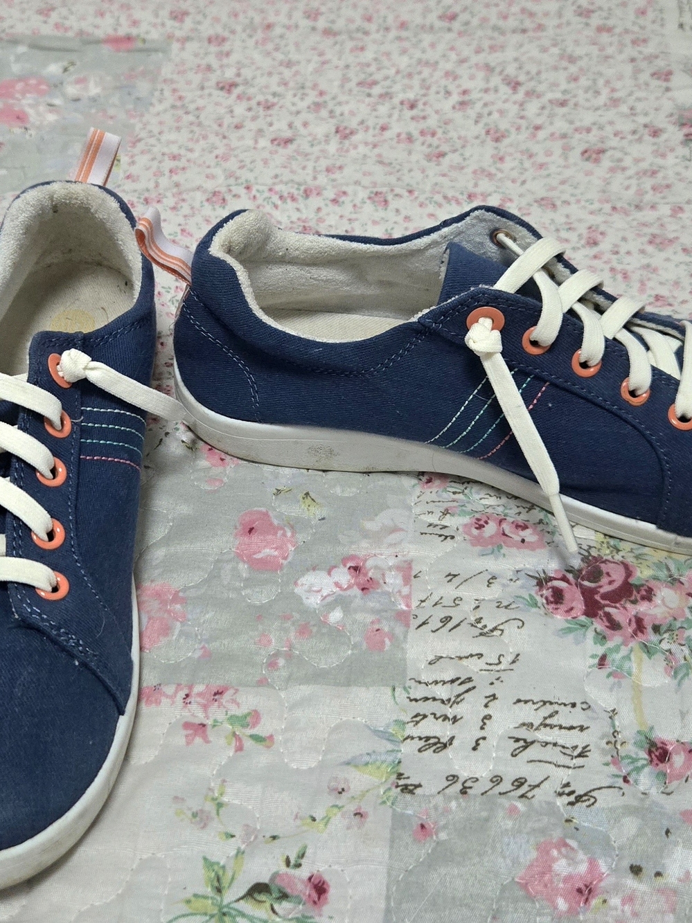 Vionic Navy Canvas Sneakers with Coral Eyelets and White Laces